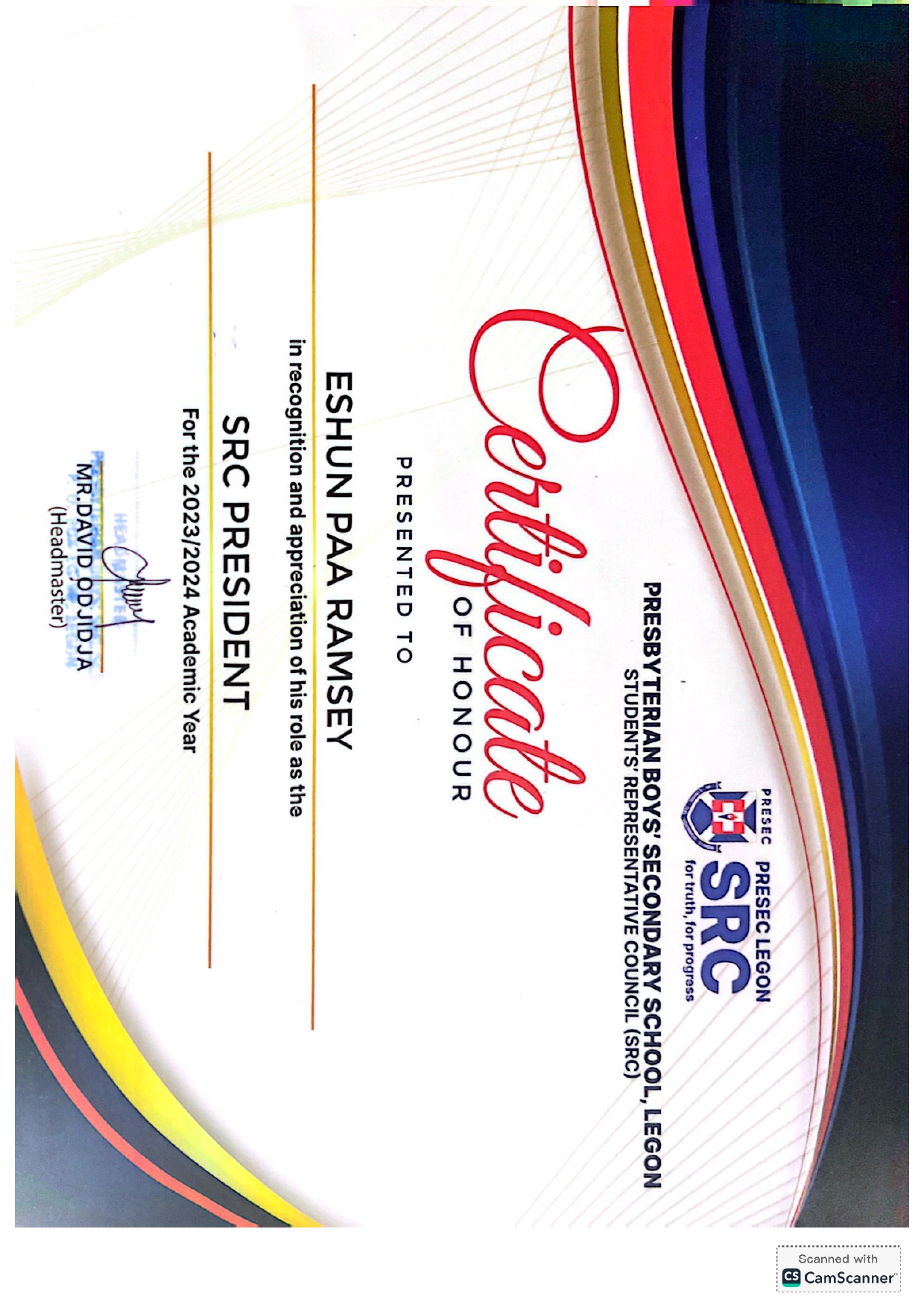 Rotary Youth Leadership Award Certificate